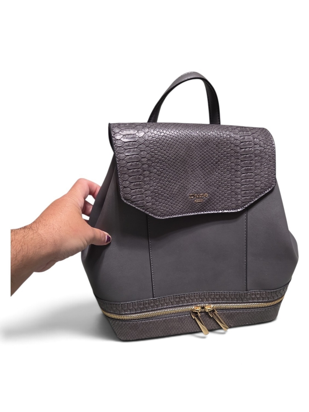 Dune Charcoal Gray Leather Backpack with Textured Flap